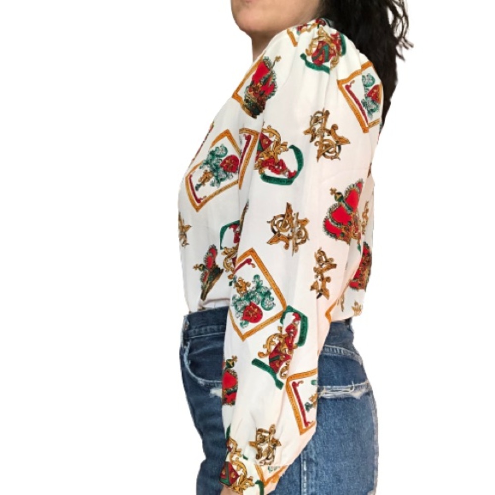 Vintage 80s Medieval Royal Regal Core Crown Monarchy Latin Novelty Blouse L/XL - Picture 14 of 17